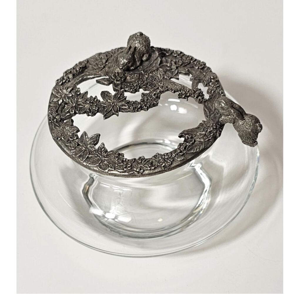 Vintage Rawcliffe Pewter 1989 Bunnies Flowers Glass Potpourri Bowl PC2922
